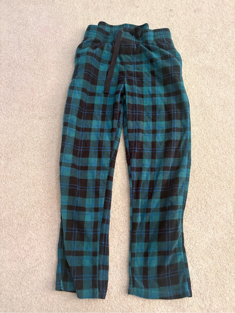 Men's Teal and Black Plaid Fleece PJ pants with Drawstring Waist